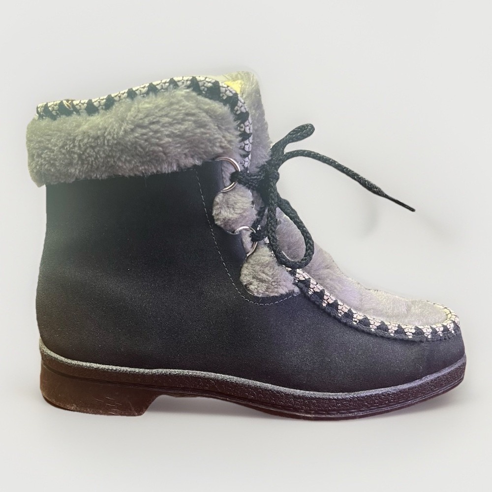 Vintage 60s Snowland Fleece Lined Suede Leather Nordic Snow Boots Black Size 8 - Picture 2 of 6